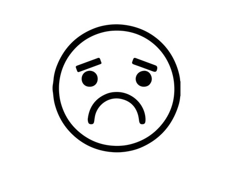 Sad face emoticon with worried eyebrows and frown on white background. Black outline unhappy emoji expresses sorrow and despair. Isolated vector icon for feedback, survey or mood design.