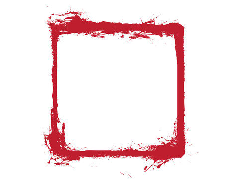 Red grunge square frame with rough brush stroke edges on white background. Distressed hand painted border with ink splatter texture. Isolated vector element for label, stamp or poster design.