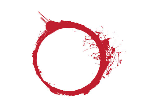Red grunge circle ring with ink splatters on white background. Rough hand painted round brush stroke frame with paint drops. Isolated vector element for label, stamp or poster design.