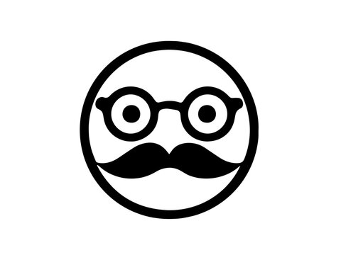 Mustache face emoticon with round glasses and thick handlebar mustache on white background. Black outline hipster emoji character. Isolated vector icon for barber, gentleman or geek design.