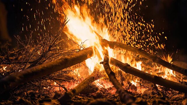 Close-up of a traditional Hindu funeral pyre burning intensely at night, with stacked wooden branches engulfed by tall orange flames and glowing embers during sacred cremation rites.