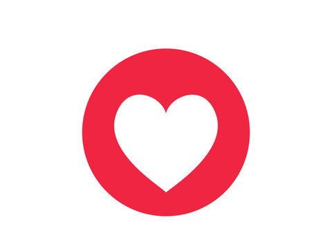 Red circle love reaction icon with white heart on white background. Flat social media like button symbol for romance and affection. Isolated vector emoji for app, Valentine or web design.