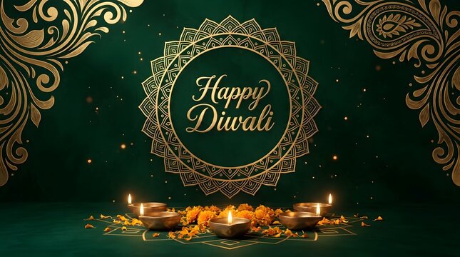 Elegant happy diwali greeting with ornate gold frame and glowing candles