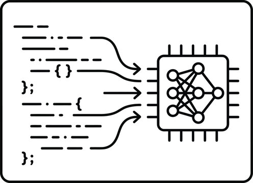 Data feeding into a neural network chip icon illustration.