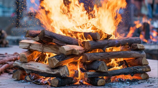 Close-up of a traditional Hindu funeral pyre burning intensely at night, with stacked wooden branches engulfed by tall orange flames and glowing embers during sacred cremation rites.