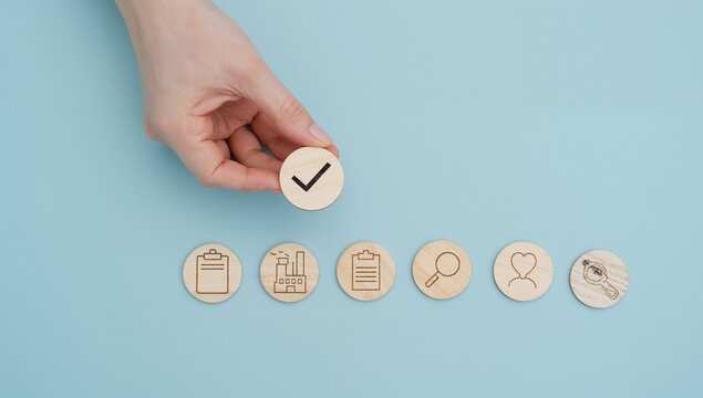Work safety and compliance concept. Wooden blocks safety-related icons, including compliance, health, inspection, training, protection, regulatory, workplace safety, and risk management. Safety first,
