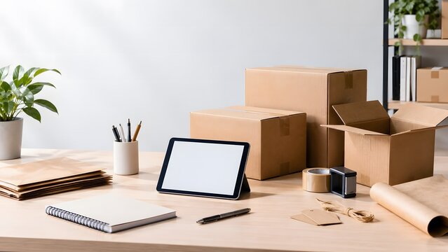 Cardboard boxes a tablet and shipping supplies rest on a light colored wooden surface