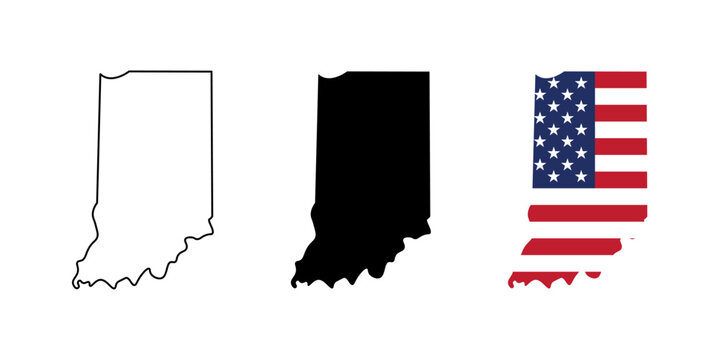 Indiana state outline, silhouette and American flag icon set