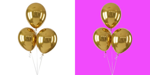 Three Shiny Golden Party Balloons on White and Magenta Backgrounds © Md