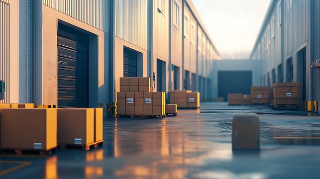 Large distribution warehouse with stacked cardboard boxes on a wet concrete floor industrial logistics