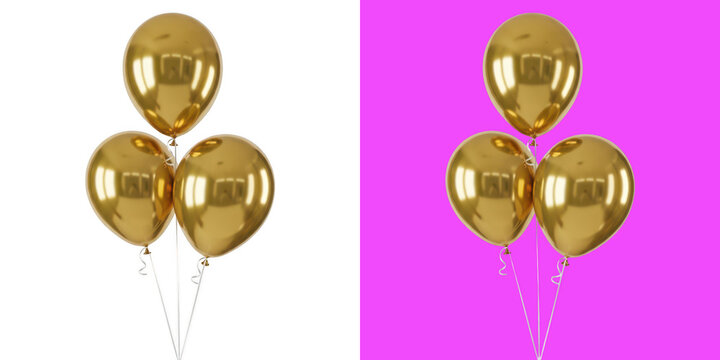 Three Shiny Golden Party Balloons on White and Magenta Backgrounds