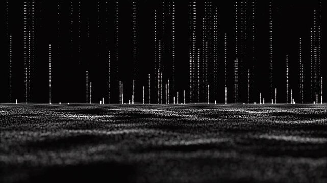 Abstract futuristic digital data stream background with vertical particle rain and glowing waves