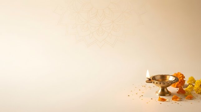 Beautiful Diya oil lamp with marigold flowers on a light background for Indian festival celebration