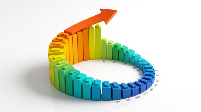 3d bar chart arranged in a spiral shape with an upward pointing arrow, representing business growth and financial success isolated on white background