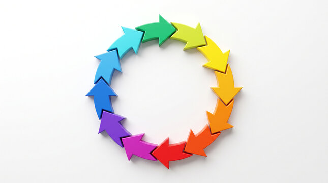 Colorful arrows arranged in a circular cycle pattern isolated on white background