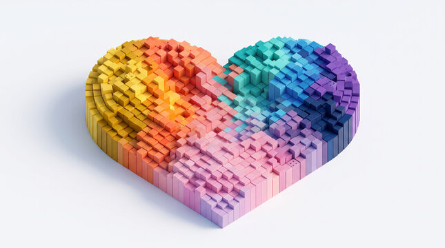 A 3d heart shape constructed from colorful isometric cubes, representing love, diversity, and digital art, isolated on white background