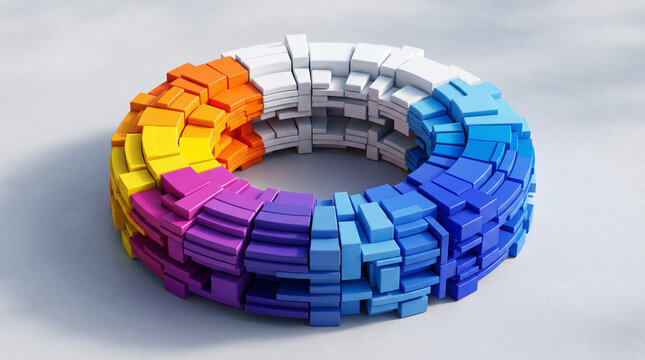 Abstract 3d torus shape made of colorful geometric blocks arranged in a circular pattern on a neutral surface