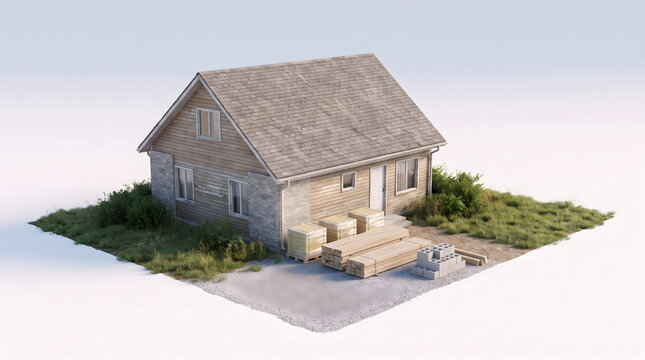 Fixer upper house under renovation with building materials and wooden planks in a grassy yard dior