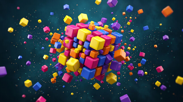 Abstract background with a cluster of colorful 3d cubes floating in space, representing digital data, innovation, and complex technology concepts