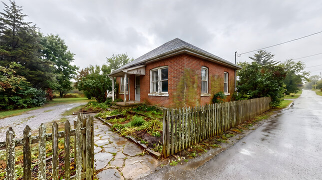 A fixer upper house with red brick exterior overgrown with moss needing major renovation work in a rural area