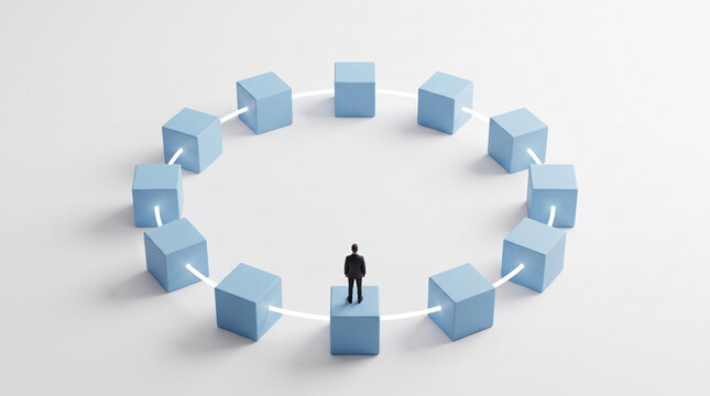 A businessman standing on a blue cube in the center of a circular network of interconnected blocks isolated on white background