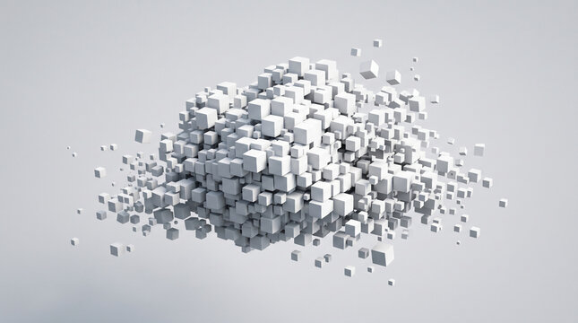 Abstract cloud formation made of white 3d cubes floating in space, representing digital data, technology, and information processing concepts