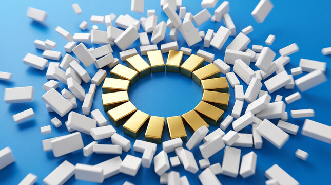 A circular arrangement of gold bars surrounded by scattered white rectangular blocks on a blue background, representing success and uniqueness