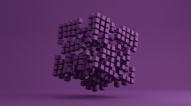 Abstract composition of purple cubes floating in space, 3d render of a geometric structure with scattered blocks on a solid purple background