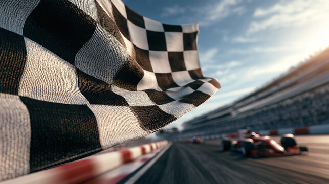 A close up view of a waving black and white checkered flag at a speed race track with blur background motion showing a formula car driving fast towards the finish line on a sunny day event design