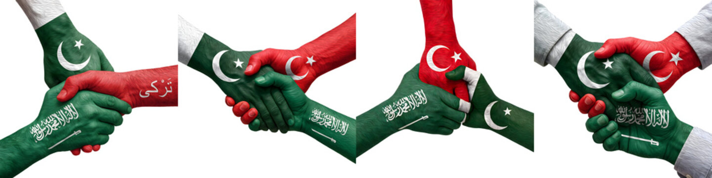 Three Way Handshake Between Pakistan Turkey and Saudi Arabia Flags Symbolizing Trilateral Partnership and Cooperation
