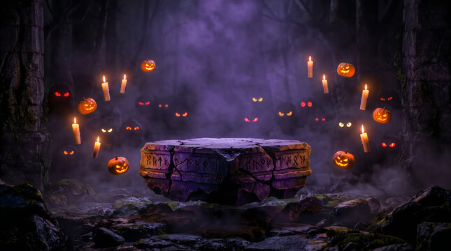 Floating cracked ancient stone altar inscribed with mysterious runes surrounded by glowing carved jack-o-lanterns and levitating wax candles in a deep dark purple misty atmosphere