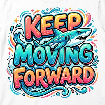 Vibrant shark illustration with Keep Moving Forward text, colorful ocean wave graphic art, motivational quote poster design on white background