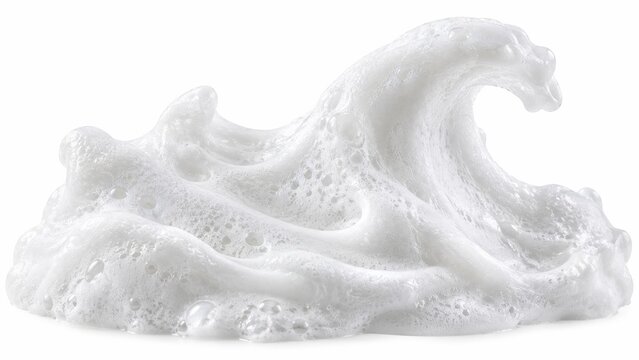 Cleansing foam in a breaking wave, dense white texture shown as realistic detail on plain background for personal care packaging