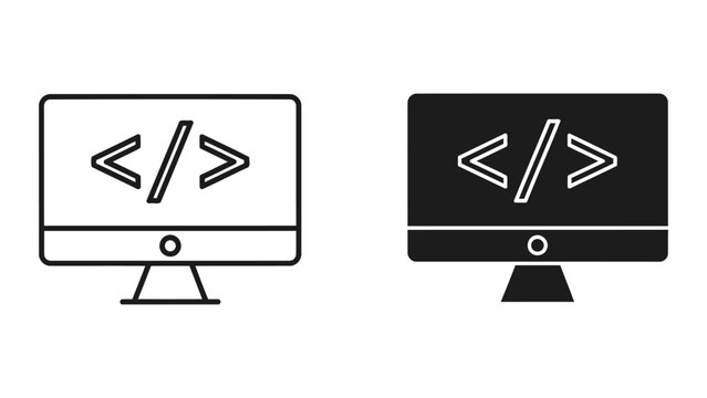 Computer monitor with coding brackets icon set isolated on white background surface