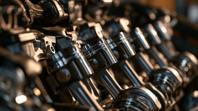 Close up view of pistons and connecting rods inside an internal combustion engine showcasing precision engineering and metal mechanics for automotive industry and mechanical technology concepts backgr