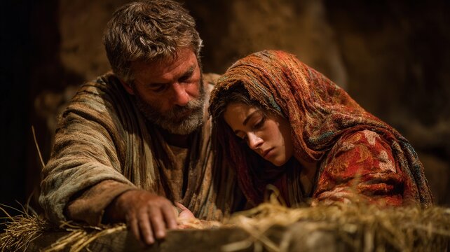 Nativity scene Joseph and Mary looking at baby Jesus in a manger religious Christmas tradition and faith historical biblical reenactment in a stable