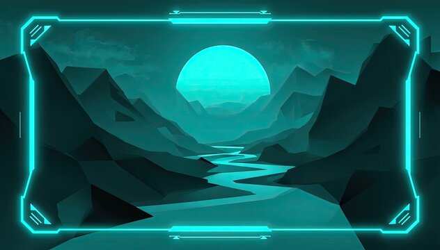Cyan neon valley landscape with moon in tech frame
