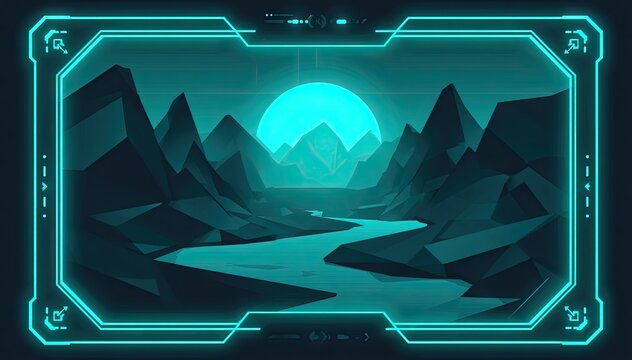 Neon cyan mountains landscape inside glowing tech frame
