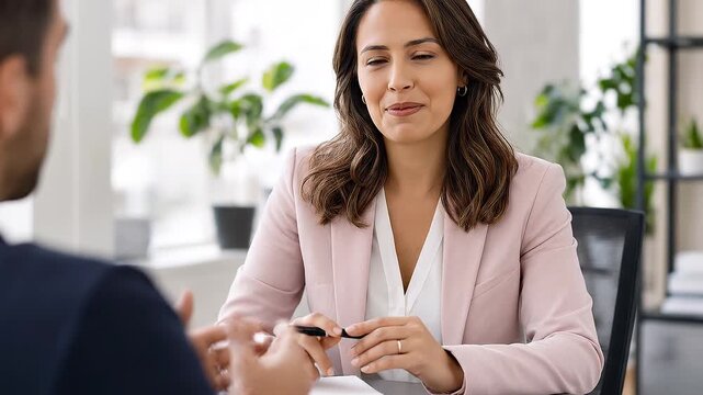 Positive female HR director holds a pen and notebook, conducting an interview. Seated across from a candidate in a bright, modern office she projects a professional, warm welcoming atmosphere