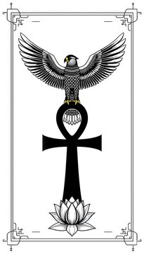 Falcon on ankh cross with decorative frame
