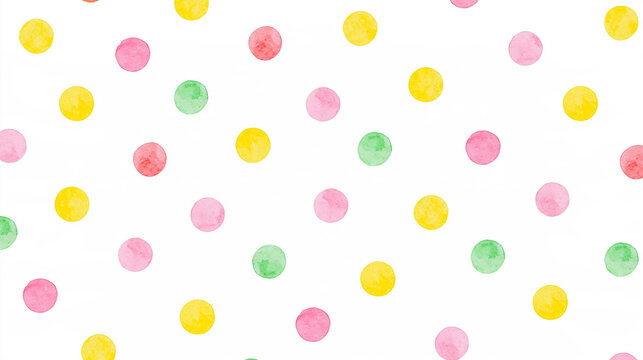 Colorful watercolor polka dot pattern featuring yellow, pink and green confetti dots, playful celebration design, with copy space
