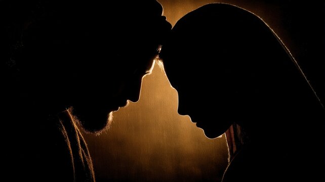 Intimacy and emotional connection couple in silhouette touching foreheads with warm golden light in a romantic moment of trust and togetherness