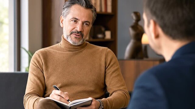 Executive coach listens intently while holding a notebook and pen during a session. Seated in a comfortable office, he smiles warmly at his client
