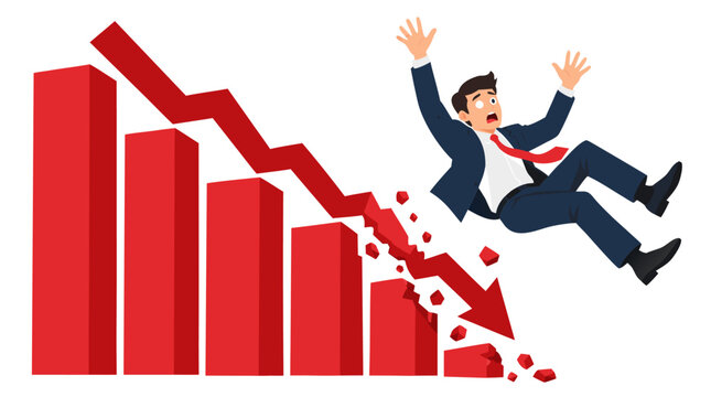 Flat Vector Illustration of Businessman Falling Past Crumbling Red Descending Arrow Graph and Bar Chart Symbolizing Stock Market Crash, Financial Loss, Economic Recession and Bankruptcy Concept