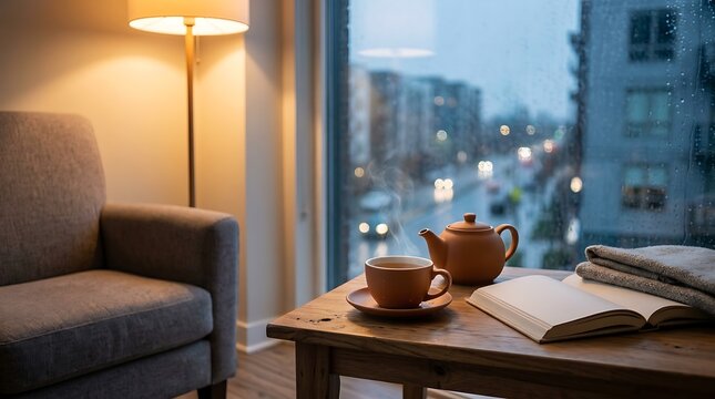 Cozy Evening Tea and Book by Window with City View