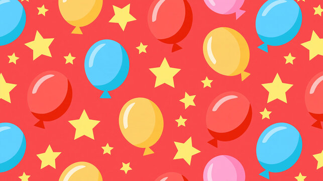 Seamless birthday pattern background featuring balloons and stars, vibrant vector celebration illustration, with copy space