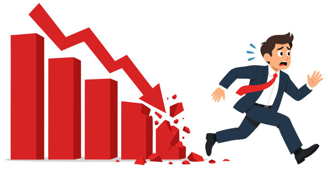 Worried businessman in suit running away from crumbling red bar chart with downward arrow symbolizing financial crisis, stock market crash, business failure and economic recession concept