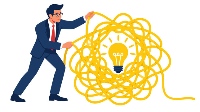Businessman in suit and glasses untangling huge chaotic knot of yellow string revealing glowing lightbulb at center, concept of solving complex problem, innovation, clarity and creative idea