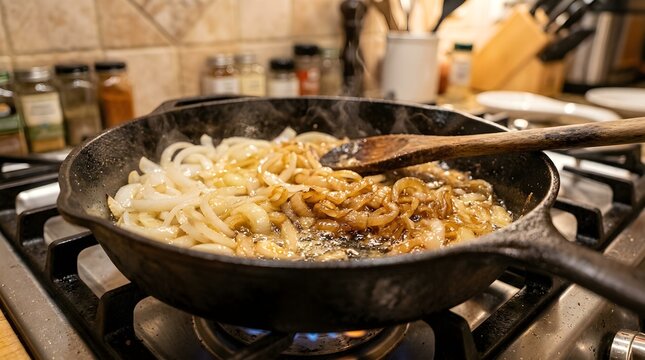 Saut ed pasta with mushrooms and onions cooking in black skillet on gas stove photography