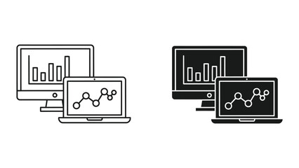 Obraz premium Desktop computer and laptop monitor showing analytics and network data vector icons